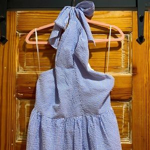 Seersucker blue and white halter tie midi dress
